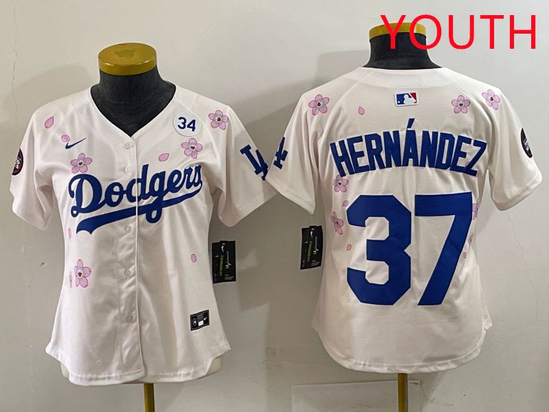 Youth Los Angeles Dodgers 37 Hernandez Cream Sakura Edition 2025 Nike MLB Jersey style 38